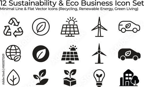 12 Sustainability & Renewable Energy Icon Set – Minimal Line & Flat Vector Pack for Eco Business & Green UI
