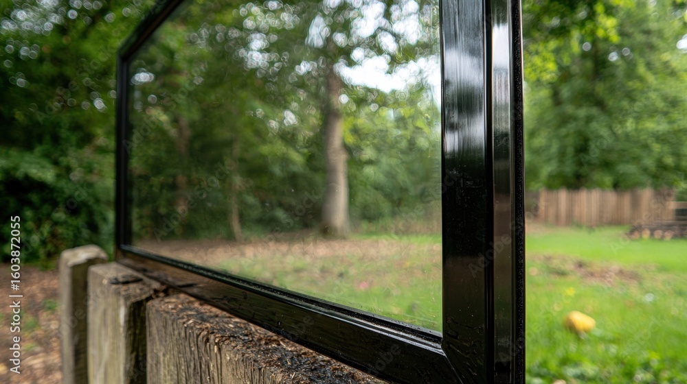 Fototapeta premium A black framed window in a wooden fence.