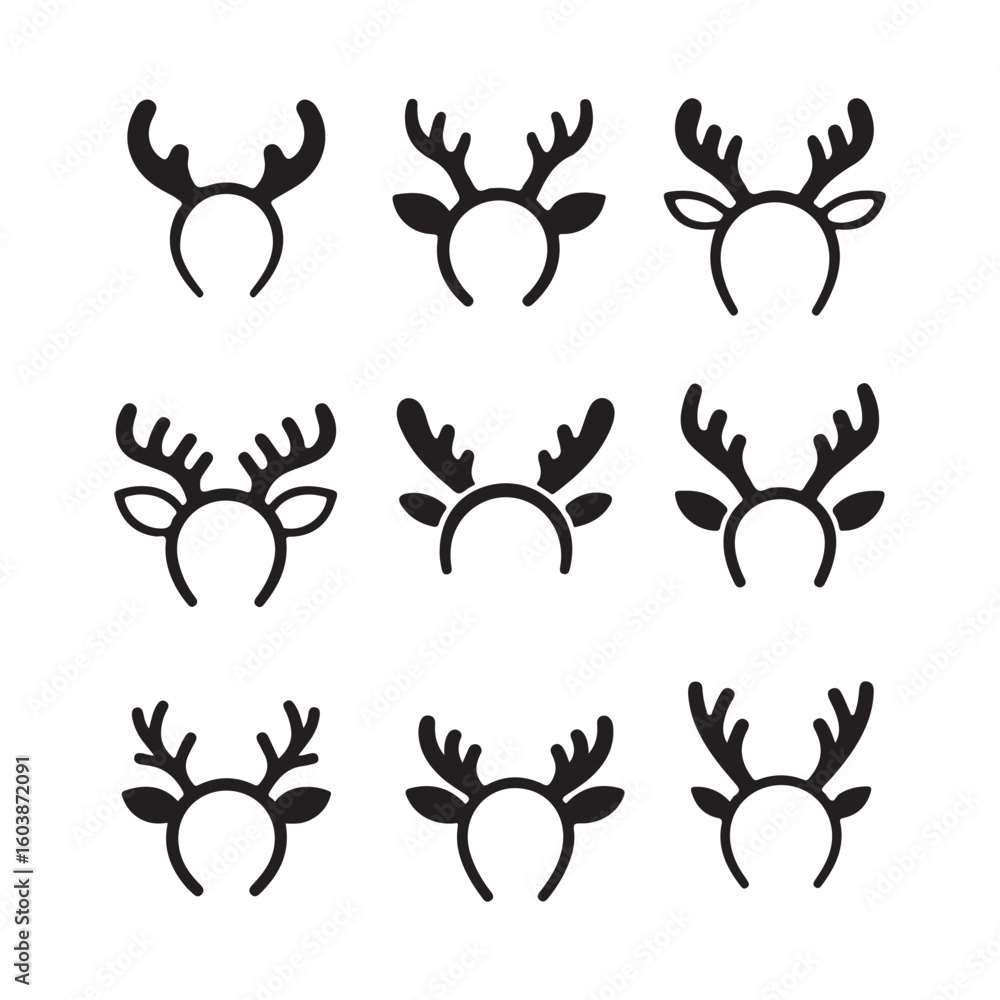 Nine Black Reindeer Antler Headbands on White Background 2 Nine Black Reindeer Antler Headbands on White Background 2