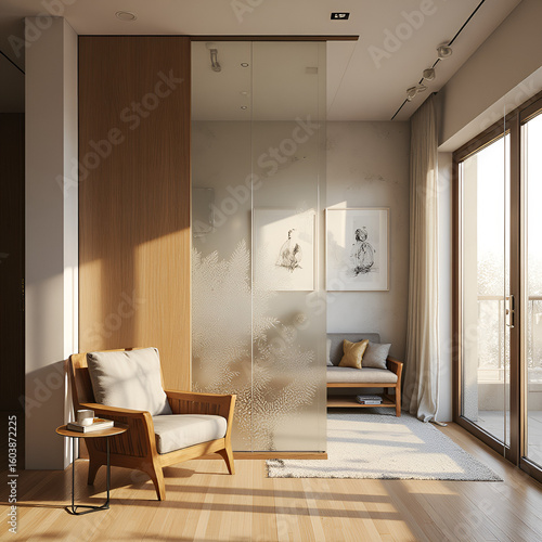  Hybrid wooden and glass divider with etched patterns, creating a natural and artistic division between a modern living room and reading nook
