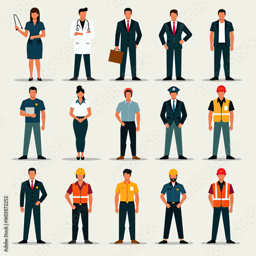 Comprehensive Flat Design Professional Icons Vector Set Featuring Diverse Occupations and Uniforms, Ideal for Corporate HR Resources, Career Guidance Websites, or Educational Workforce Presentations.
