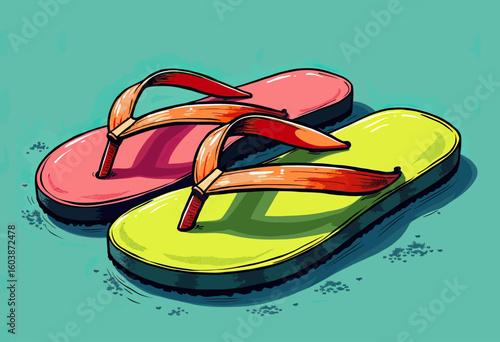 Vibrant Hand-Drawn Flip-Flops Illustration in Pink and Lime Green Hues, Perfect for Playful Summer Fashion Promotions, Beachwear Advertising, or Casual Vacation-Themed Graphics.
