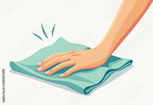 Detailed Flat Design Illustration of a Hand Wiping a Surface with a Cloth, Highlighting Cleanliness and Care, Ideal for Hygiene Product Marketing, Household Cleaning Service, or Health Awareness Campa
