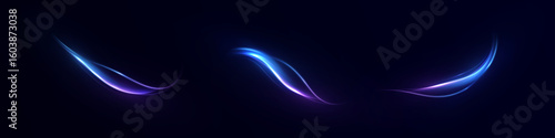 Curved glowing traces of blue and purple shades on a dark background. Smooth magical swirls with motion blur. Vector 10 EPS