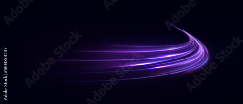 Curved purple light trails on dark background with motion blur. Futuristic speed effect for sci-fi UI and visual design.