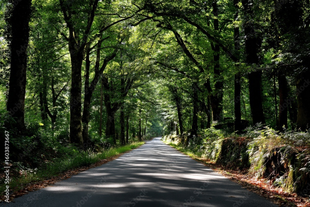 Fototapeta premium The sun shines beautifully through tall trees in the peaceful woods