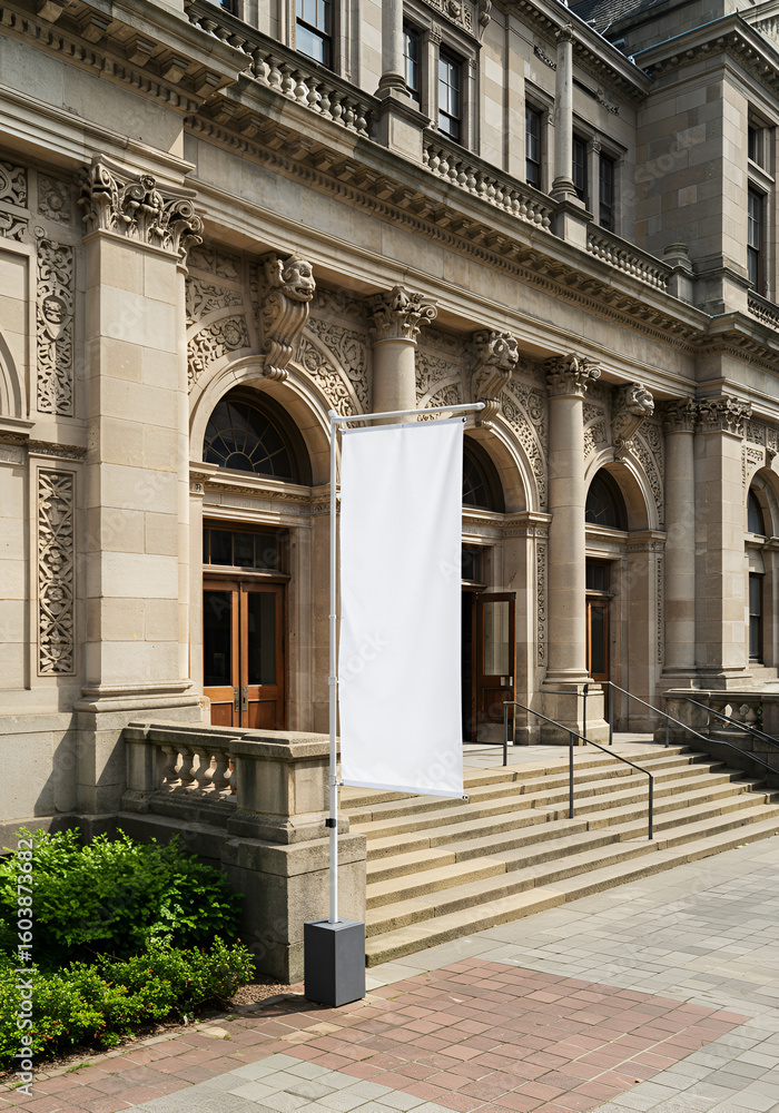 Fototapeta premium Exterior of grand building with blank banner