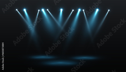 Realistic stage scene with bright blue glowing spotlights on dark background. Light beams for concerts, posters and digital presentations. Vector 10 EPS