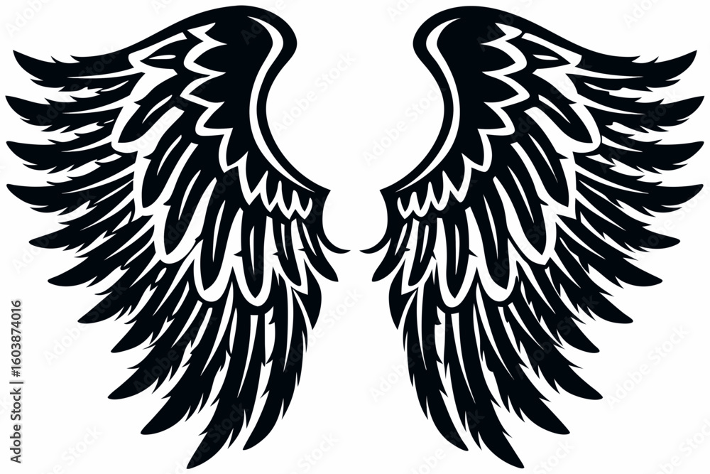 Obraz premium Black Feathered Angel Wings Vector – Symmetrical Wing Tattoo Design