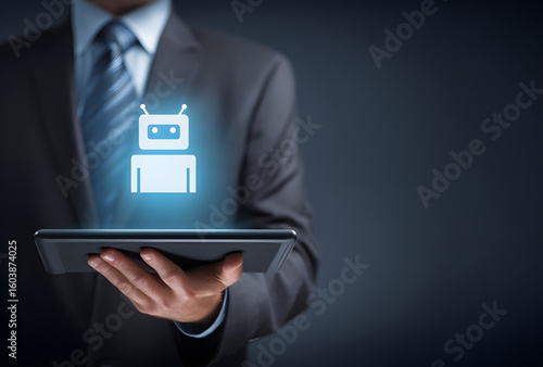 Businessman Holding Tablet with Glowing AI Robot Icon, Futuristic Technology Concept.