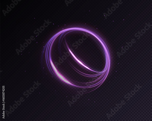 Purple glowing ring with sparks and curved light stripes on dark background. Magic swirl for user interface, design and illustrations. Vector 10 EPS