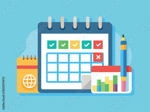 Calendar with checkmarks and graph planning tracking