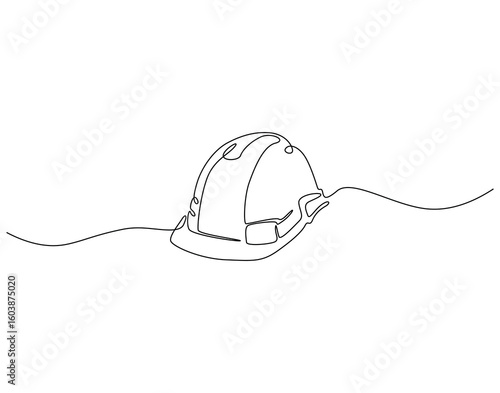 Continuous one line drawing of engineer safety helmet. One line drawing illustration of contractor hat. Engineer tool concept single line. Editable outline