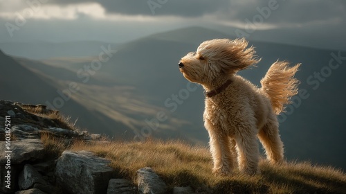 A golden doodle dog stands on a hillside, fur blowing in the breeze against a moody sky.