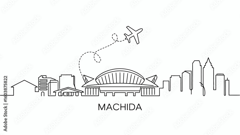 Fototapeta premium Machida City Skyline Outline with Airplane and Dotted Route Illustration Travel and Urban Landscape Concept Depicting Japanese Urban Scenery