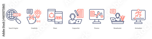 Creative Media Production icon set collection. Containing search engine, creativity, share, copywriter, process, broadcaster, animation