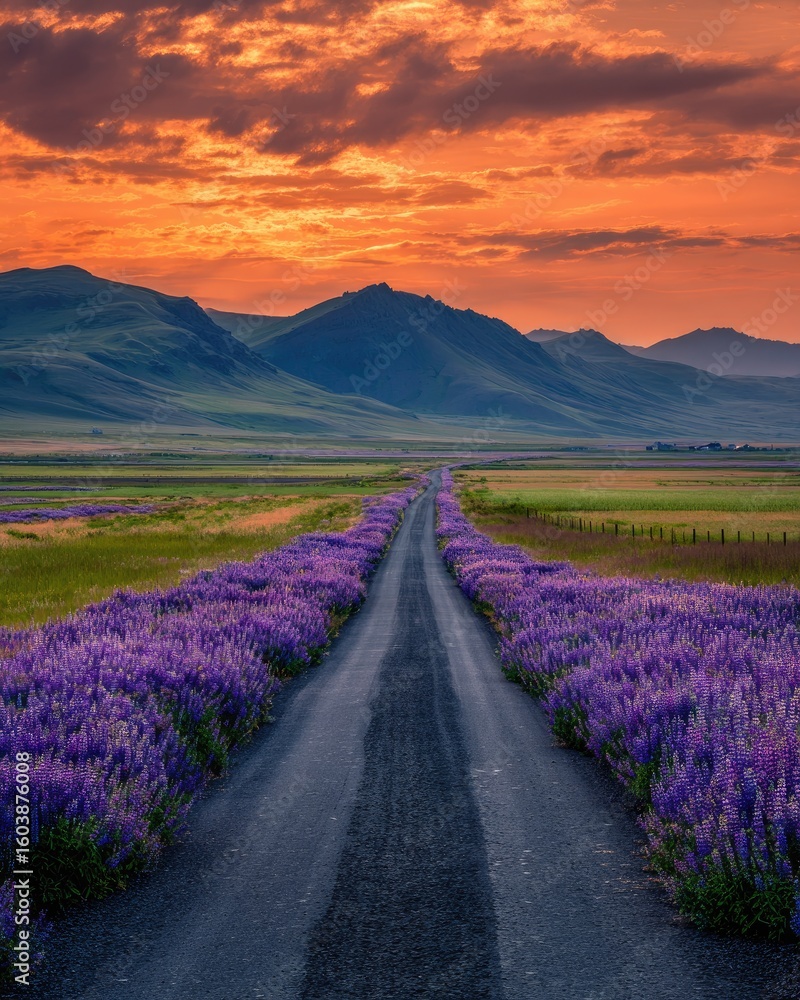 Obraz premium Scenic lavender field road at vibrant sunset