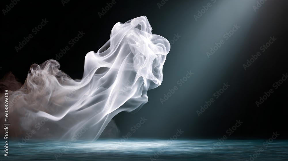 Fototapeta premium White smoke cloud is floating in the air above a dark blue water surface. The smoke is billowing and swirling, creating a sense of movement and energy. The image evokes a feeling of freedom
