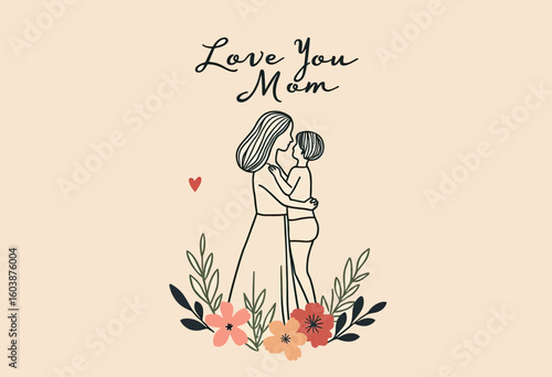 Heartwarming Hand-Drawn "Love You Mom" Line Art Illustration of a Mother Embracing Her Son Amidst Delicate Flowers, Perfect for Sentimental Mother's Day Cards or Cherished Family Tributes.
