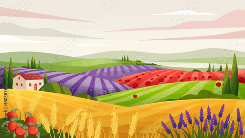 Idyllic countryside landscape with colorful fields lavender wheat red flowers and charming farmhouse creating a peaceful rural scene