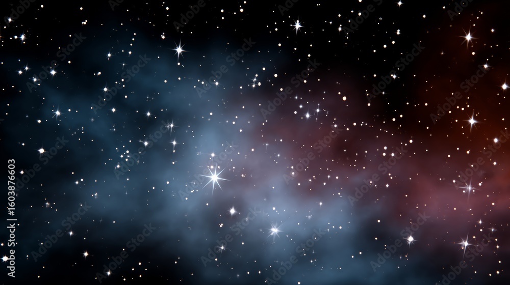 Fototapeta premium Starry sky with a blue and red cloud in the background. The stars are scattered throughout the sky, with some closer together and others further apart