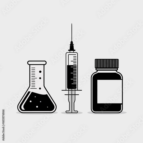 Medical equipment and laboratory supplies including flask syringe and bottle for pharmaceutical and healthcare industry usage with flat design and minimalistic feel