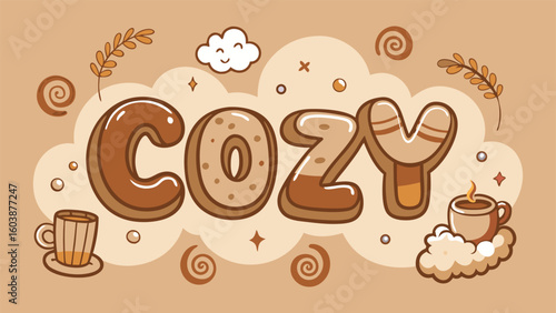 COZY brown warm typography with hot drink elements and soft autumn vibe