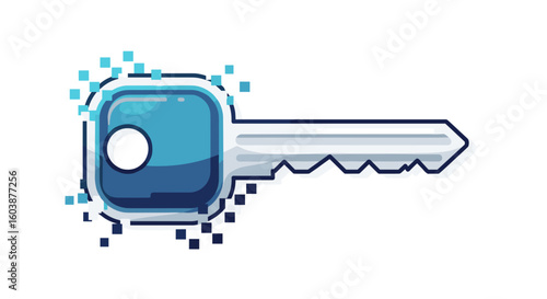 Digital key with pixelated effect in modern cyber security icon