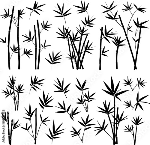 Black and white illustration of bamboo stalks and leaves in various arrangements, creating a natural, minimalist design.