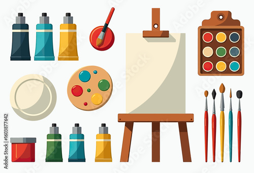 Comprehensive Flat Design Artist's Toolkit Vector Collection Featuring Easel, Palette, Paints, and Brushes, Ideal for Creative Workshop Resources, Educational Art Class Materials, or Inspiring Digital