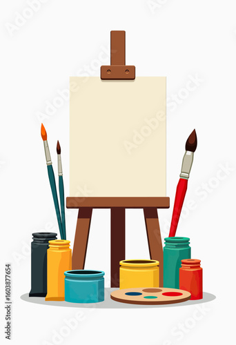 Clean Flat Design Art Studio Scene Vector Illustration with Blank Easel, Paintbrushes, and Assorted Art Supplies, Excellent for Minimalist Creative Blog Headers, Art Workshop Promotions, or Educationa