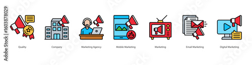 Omnichannel Strategy banner web icon set vector illustration concept with icon of quality, company, marketing agency, mobile marketing, marketing, email marketing, digital marketing