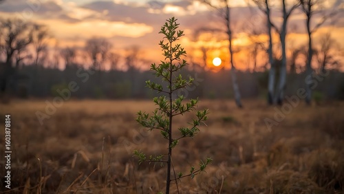 Single Young Tree at Sunset in Blurred Forest
