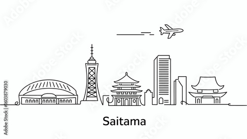 Fotografie Saitama Skyline Vector Illustration with Airplane Minimalist Design for Travel a
