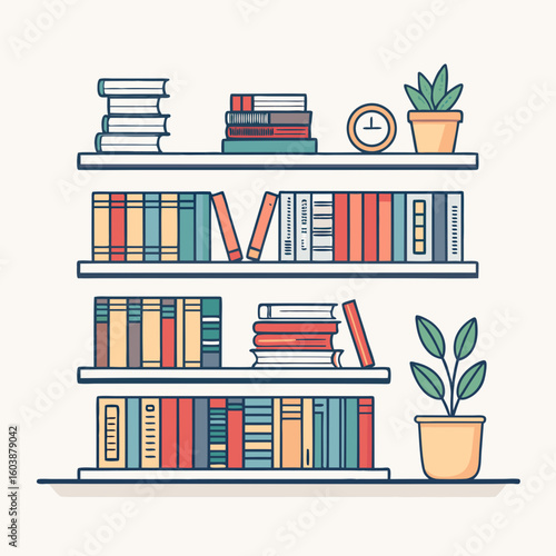 Minimalist Bookshelf Vector: Flat Design Library, Home Decor, Education Symbol