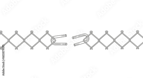  Broken chain-link fence in minimalist black and white illustration
