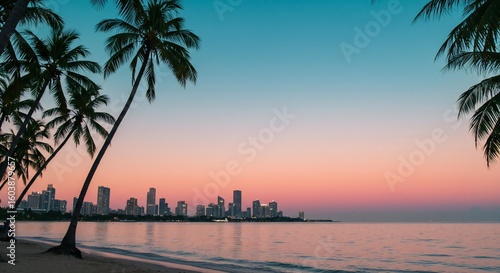 Fototapeta Naklejka Na Ścianę i Meble -  Mumbai skyline at sunrise with palm trees and serene beach view