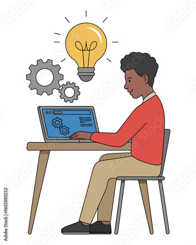 Creative Process at Work: An illustration of a person sits at a desk, the focus is directed to the glowing lightbulb hovering above the laptop screen.