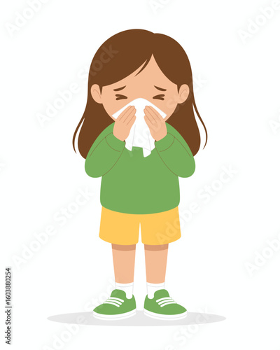 Catching a Cold: This touching illustration portrays a young girl in a green shirt and yellow shorts, gently blowing her nose with a tissue, symbolizing a common childhood ailment and vulnerability.