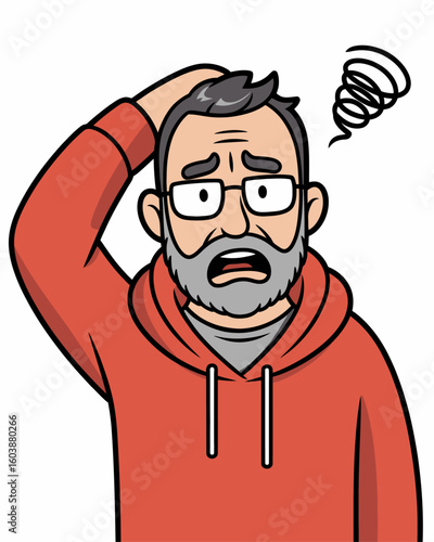 Confused state of mind: A depiction of a middle-aged man grappling with confusion, wearing glasses and a concerned expression, illustrated to convey the concept of perplexity and unease.