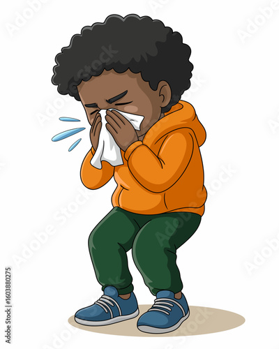 Sneezing Boy: A cartoon boy in an orange sweater is sneezing, holding a tissue to his nose. The image captures the essence of a sneeze with detailed water droplets and the boy's expression.