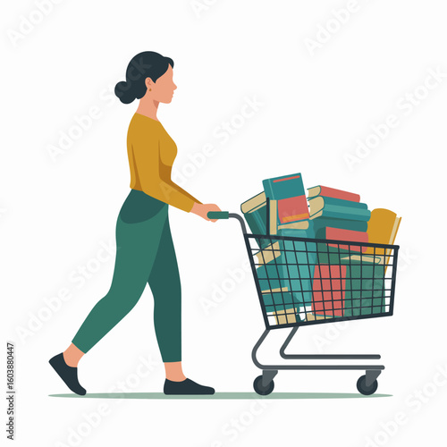 Bookworm's shopping Cart: A young woman pushing a shopping cart overflowing with books, a symbol of intellectual curiosity and literary love, embodies the spirit of knowledge and learning.