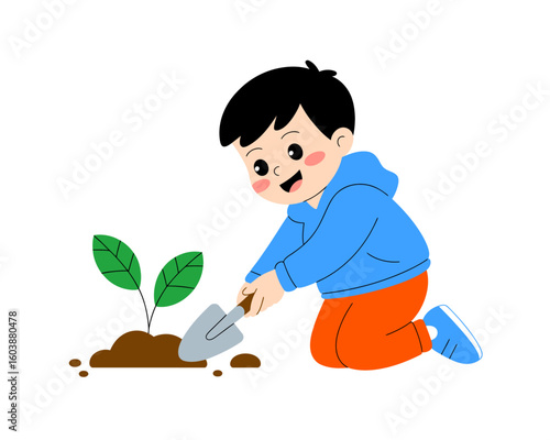 A child planting seedling with joy and dedication: A young, cheerful child plants a vibrant seedling with unwavering focus and passion. This colorful.