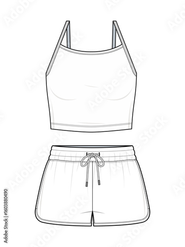 Minimal Lounge Set Technical Fashion Illustration. Scoop-Neck Crop Tank and Drawstring Shorts Vector Template. Front View. Comfortable Fit. Teens Women’s Sleepwear or Loungewear. CAD Mockup.