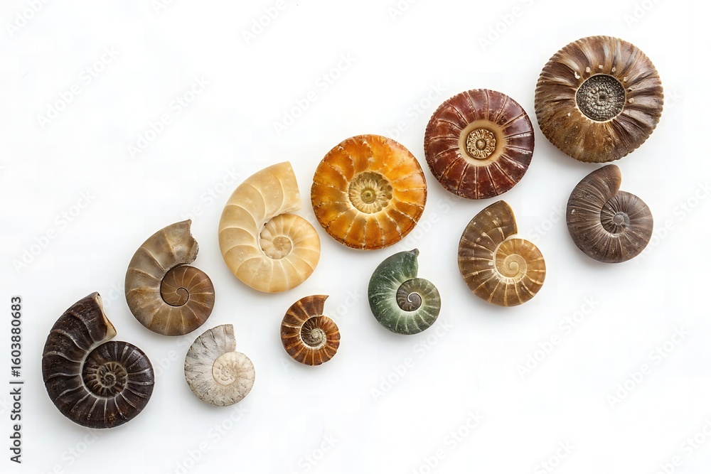 Collection of polished mini fossils arranged in gradient colors Collection of polished mini fossils arranged in gradient colors