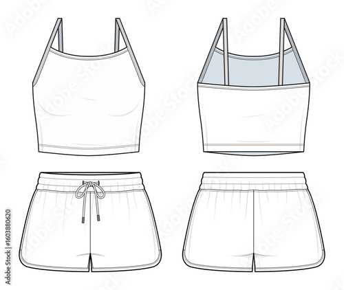 Lounge Crop Top and Shorts Set Technical Fashion Illustration. Spaghetti Strap Tank and Drawstring Shorts Vector Template. Front and Back View. Relaxed Fit. Women’s Sleepwear or Loungewear. CAD Mockup
