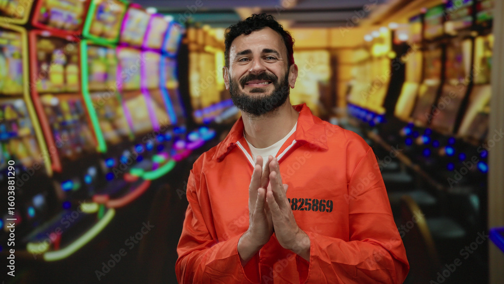 © Krakenimages.com - Man in prison jumpsuit in vibrant casino setting smiling amidst colorful slot machines suggesting contrasting scenarios of confinement and freedom. © Krakenimages.com - Man in prison jumpsuit in vibrant casino setting smiling amidst colorful slot machines suggesting contrasting scenarios of confinement and freedom.