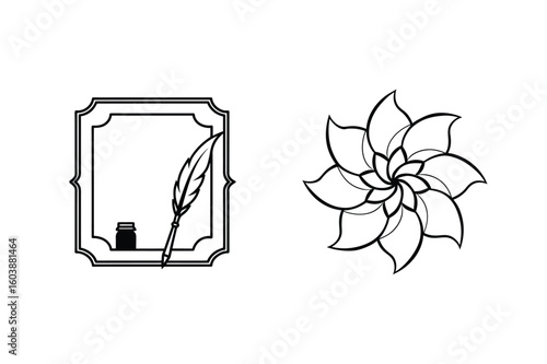 Ornate frame with quill and inkwell beside floral design