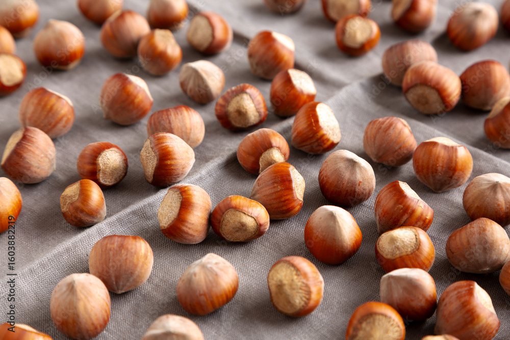 Organic Raw Hazelnuts, side view. Organic Raw Hazelnuts, side view.