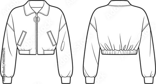 CAD drawing flat vector illustration of cropped zip-up jacket with collar, ribbed cuffs, waistband, technical fashion sketch front back